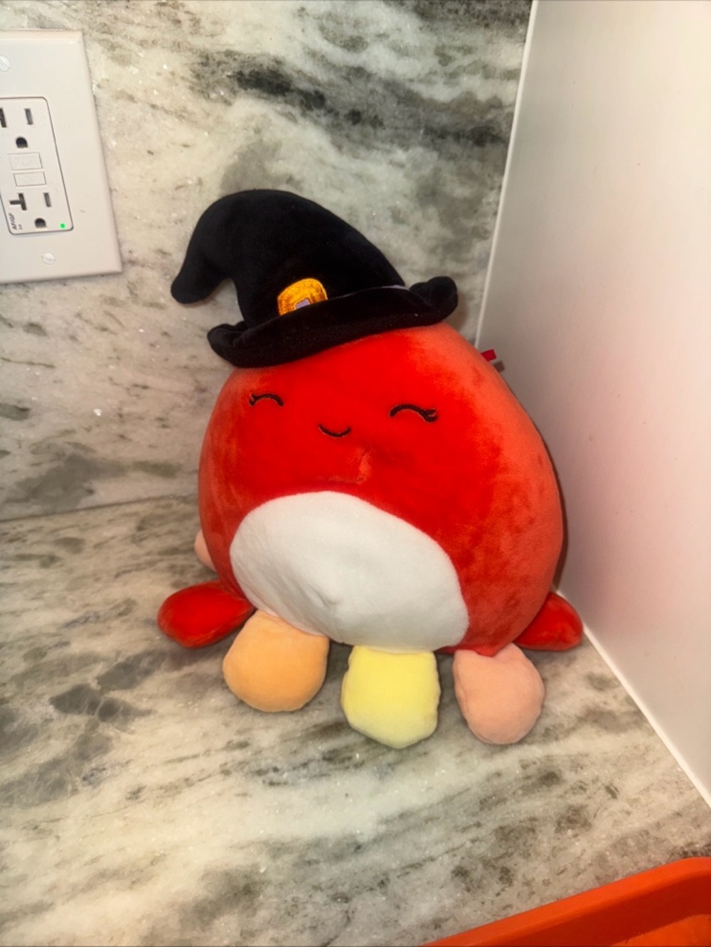 Squishmallows Red Octopus with Black Witch Hat and Pastel Tentacles